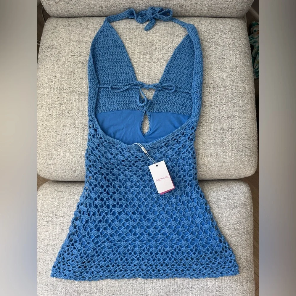 Beginning Boutique Tulip Blue Crochet Mini Dress - Picture 2 of 6